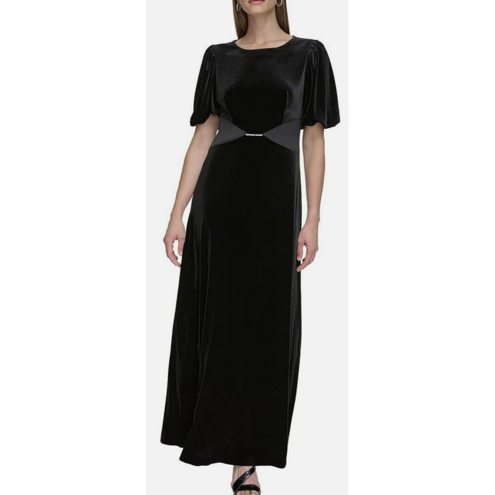 DKNY Black Velvet Rhinestone Maxi Formal Dress Size 12 New
